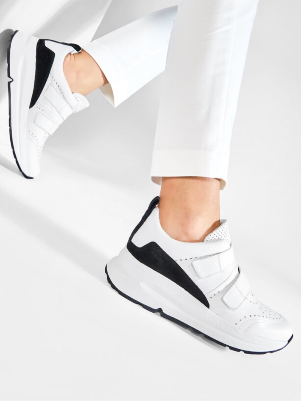 Geox White and Black Velcro Platform Sneakers for Women